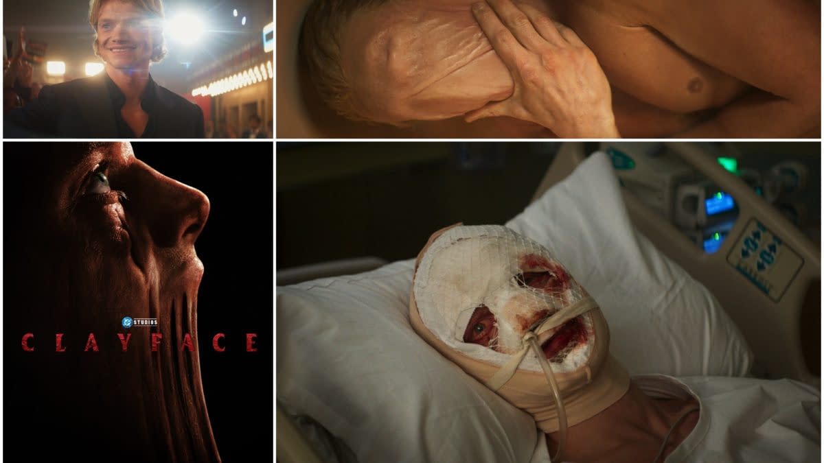 A collage featuring a character associated with Clayface, showcasing scenes of transformation and horror, including a person with a disfigured face in a hospital bed, another person touching their mask-like skin, and a dramatic close-up of a face with elongated features. The collage also includes a logo for 'Clayface' prominently displayed.