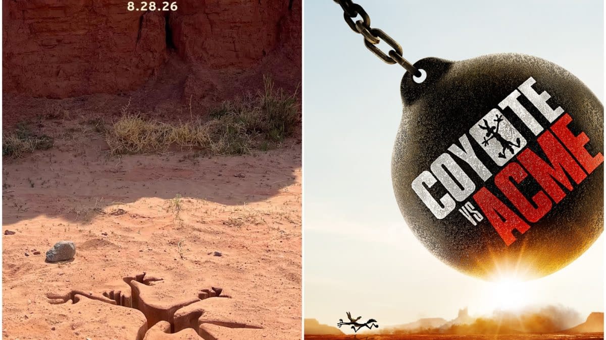 A promotional poster for the movie "Coyote vs. Acme," featuring a cartoon coyote running under a large, suspended Acme product with the title prominently displayed. The background shows a desert landscape, emphasizing the film's playful theme.