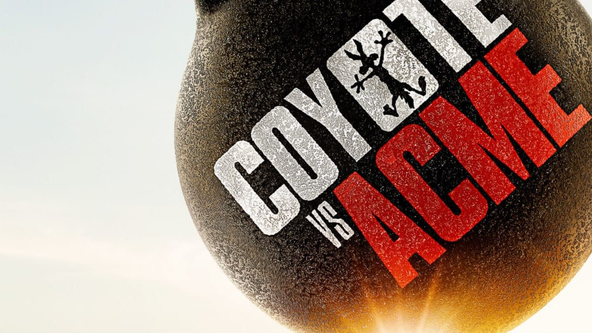 A cartoonish movie poster for 'Coyote vs ACME,' featuring a large, metallic wrecking ball hanging above a cartoon coyote running across a desert landscape. The title is prominently displayed in large letters, with a dramatic sky and mountains in the background, and the tagline 'Coming Soon' at the bottom.