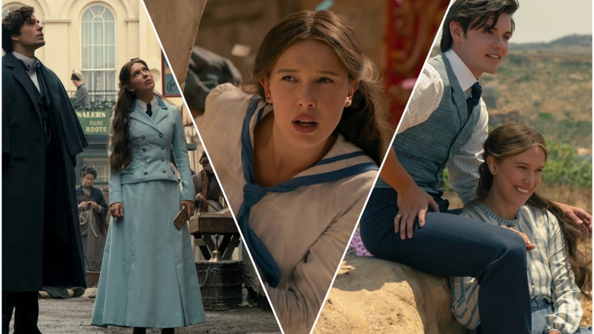 Three-panel Enola Holmes 3 feature image showing Enola in period costume, a close-up of her in a sailor-style outfit, and a smiling couple seated outdoors.