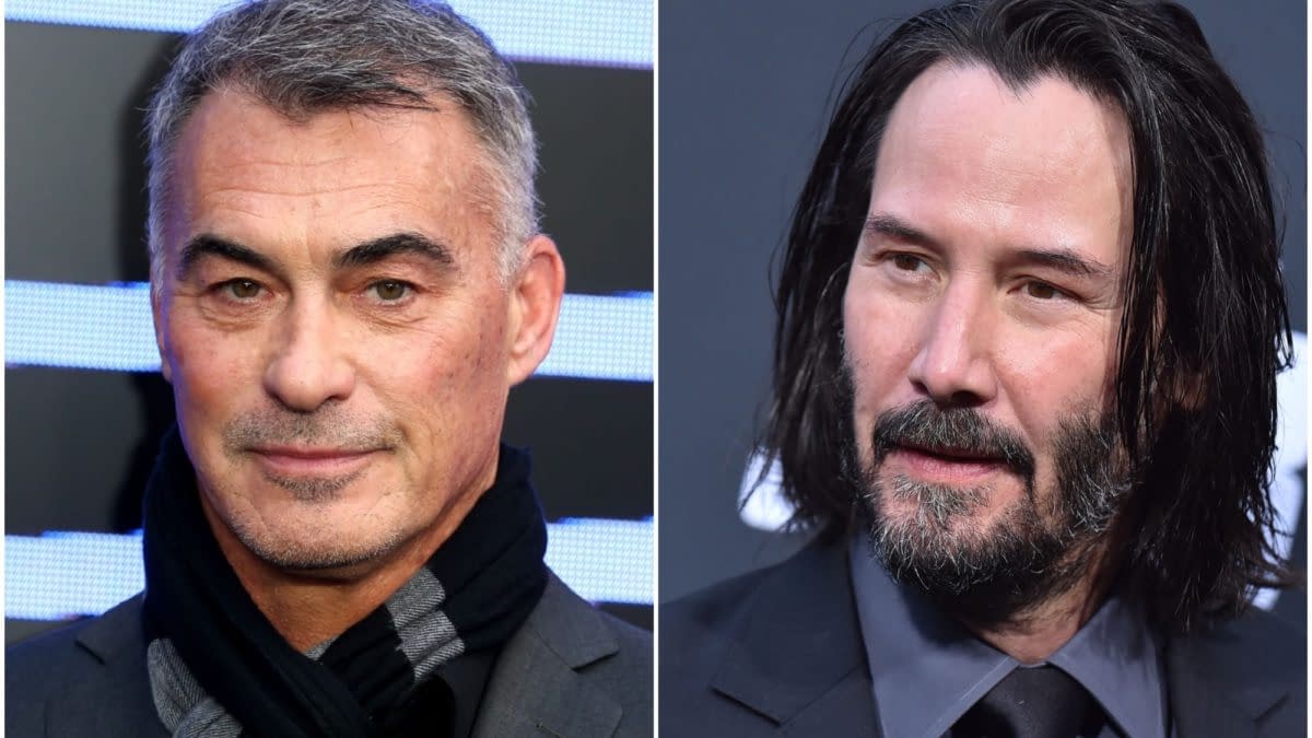 Chad Stahelski and Keanu Reeves in side-by-side close-up portraits promoting John Wick: Chapter 5.