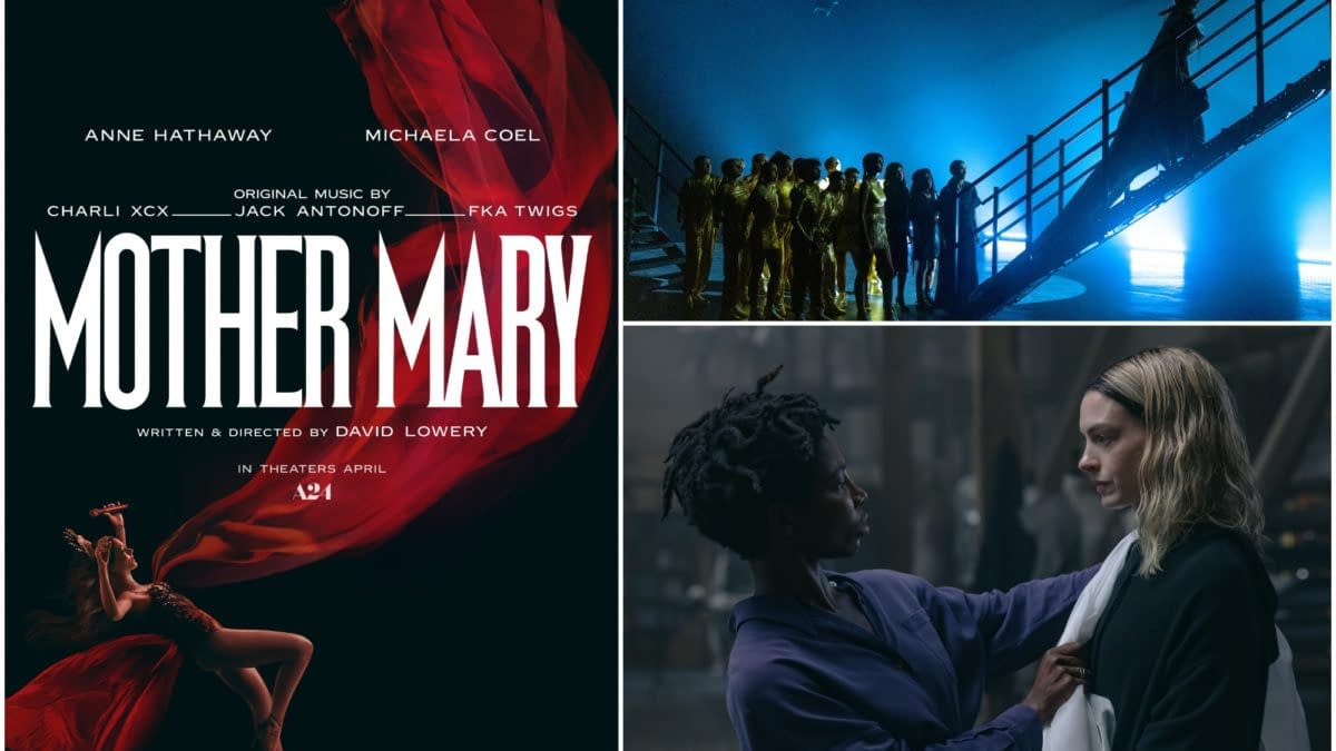 A promotional poster for the film 'Mother Mary' featuring the title in bold, white letters against a dramatic red and black background. It includes images of Anne Hathaway and Michaela Coel, along with scenes from the movie showing a visually striking performance setting.
