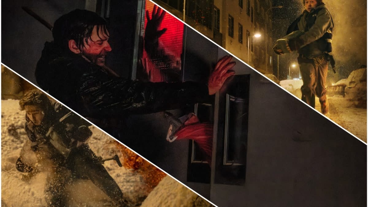 Collage of tense Resident Evil scenes showing characters fighting zombies in dark, snowy streets and a red-lit doorway.