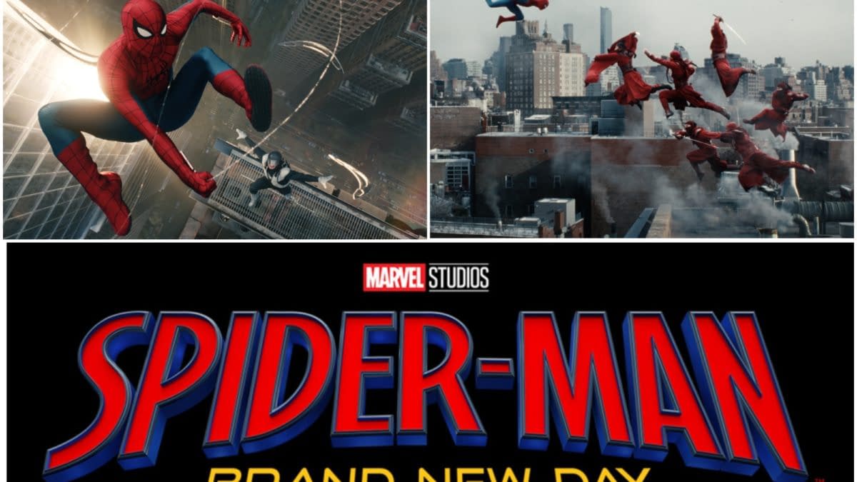 A collage featuring Spider-Man swinging through a cityscape and multiple versions of Spider-Man leaping across rooftops, with the Marvel Studios logo and title "SPIDER-MAN: BRAND NEW DAY" displayed prominently at the bottom.