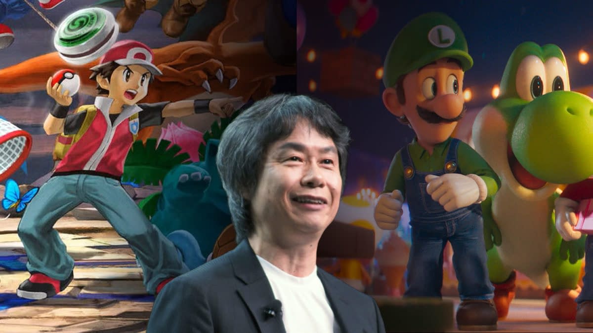 A cartoon-style illustration featuring Shigeru Miyamoto, the creator of Mario, smiling in the foreground, with Luigi, Yoshi, and Toad in the background from 'The Super Mario Galaxy Movie'. The image presents a vibrant and playful scene, highlighting familiar Nintendo characters.