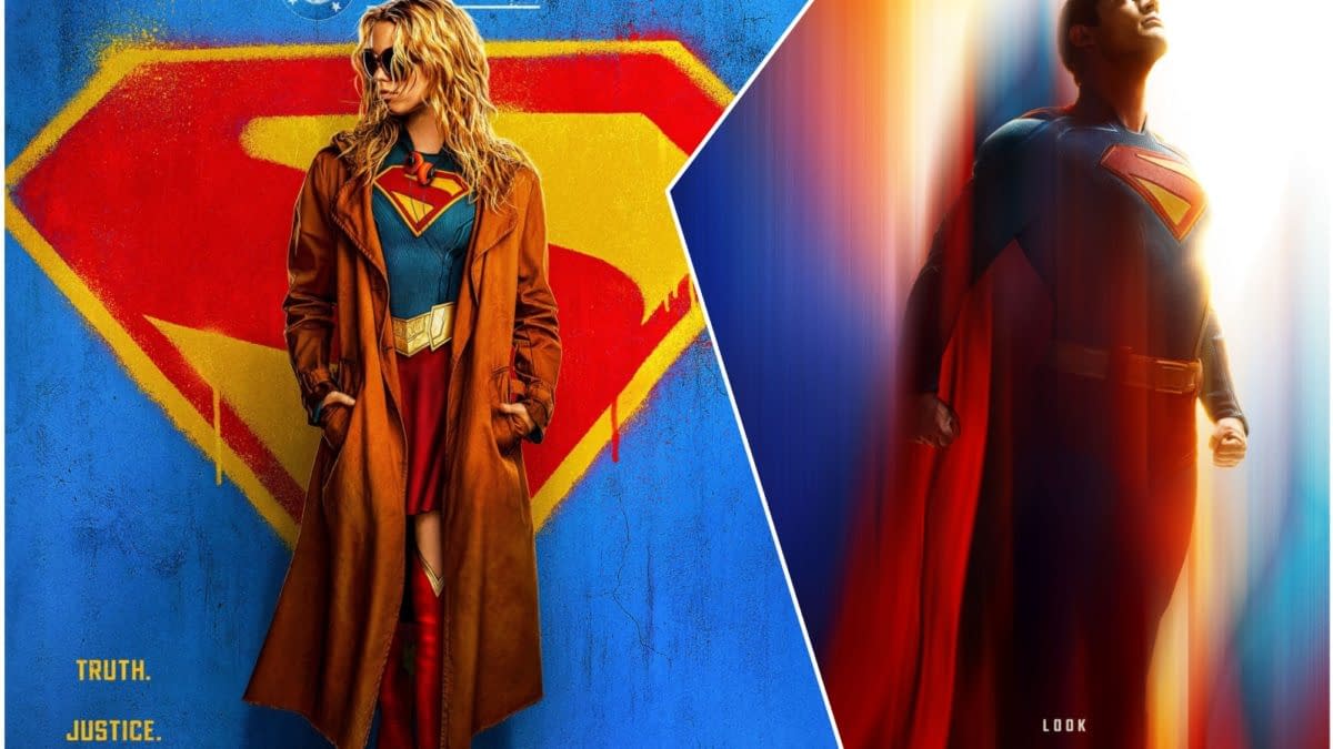 A promotional illustration featuring Supergirl in a red and blue costume with a brown trench coat, alongside Superman in a blue suit and red cape. The background includes the iconic Superman emblem and the phrase 'Truth. Justice. Whatever.' in a colorful design.