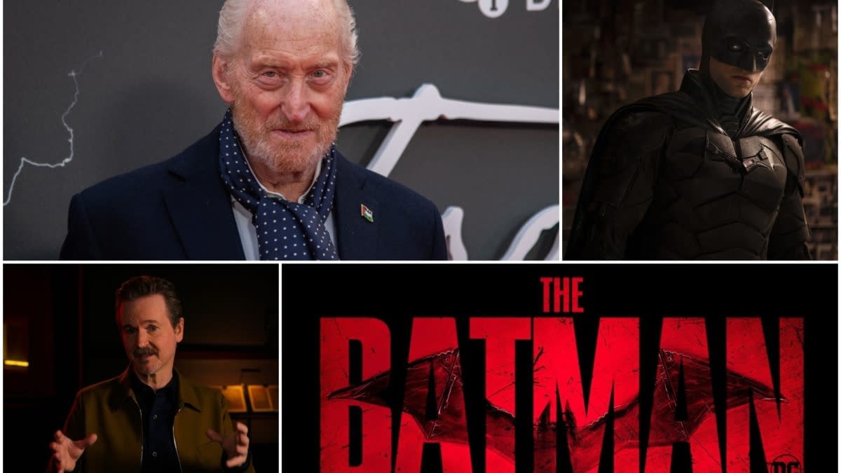 Collage featuring Charles Dance at a red carpet event, an image of Batman from the film, and a logo for 'The Batman' in bold red letters. The image highlights the announcement of Charles Dance joining the cast for 'The Batman: Part II'.