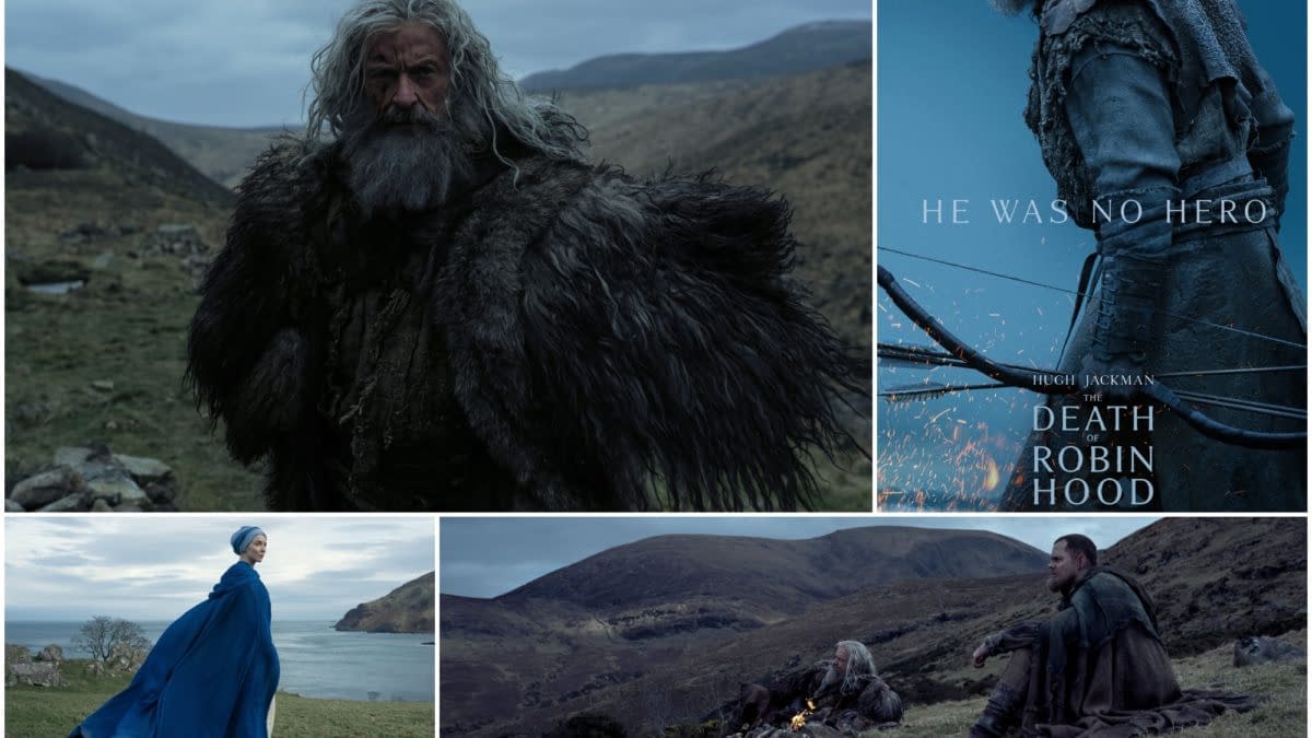 Promotional collage for The Death of Robin Hood showing a grim, bearded man in fur clothing on a rugged hillside, a blue-toned poster with archery details, and other medieval characters in a stark landscape.