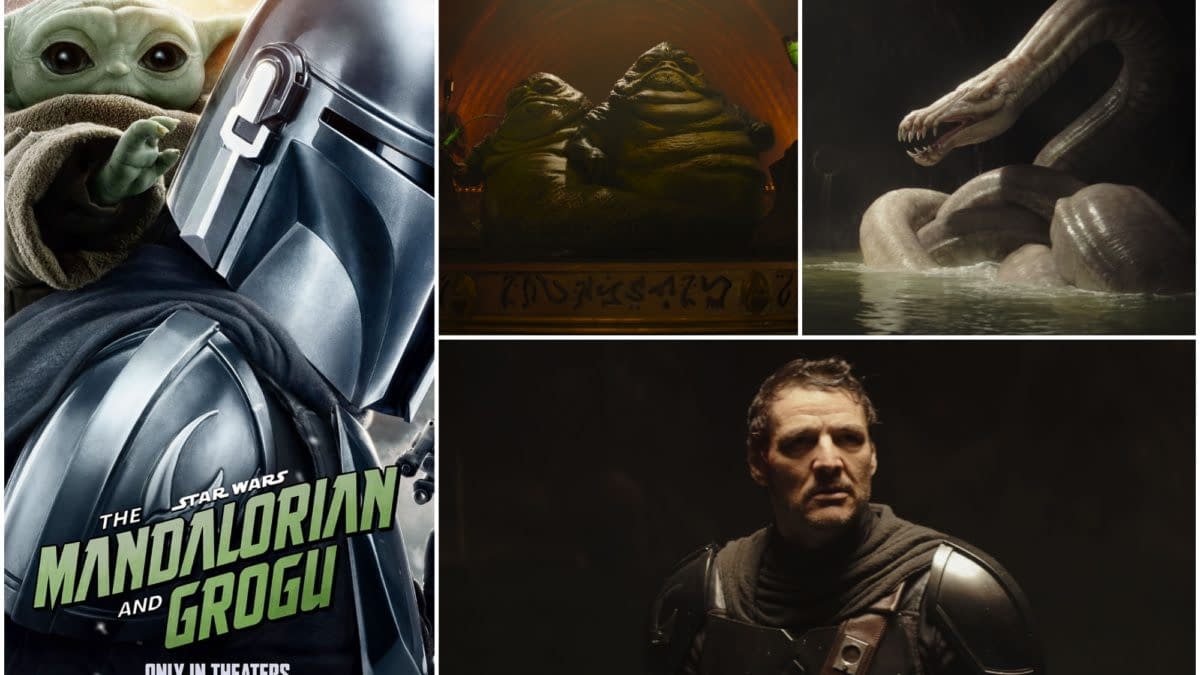 Promotional collage for Star Wars: The Mandalorian and Grogu, showing Grogu, Jabba-like alien figures, a monster creature, and the Mandalorian in dramatic lighting.