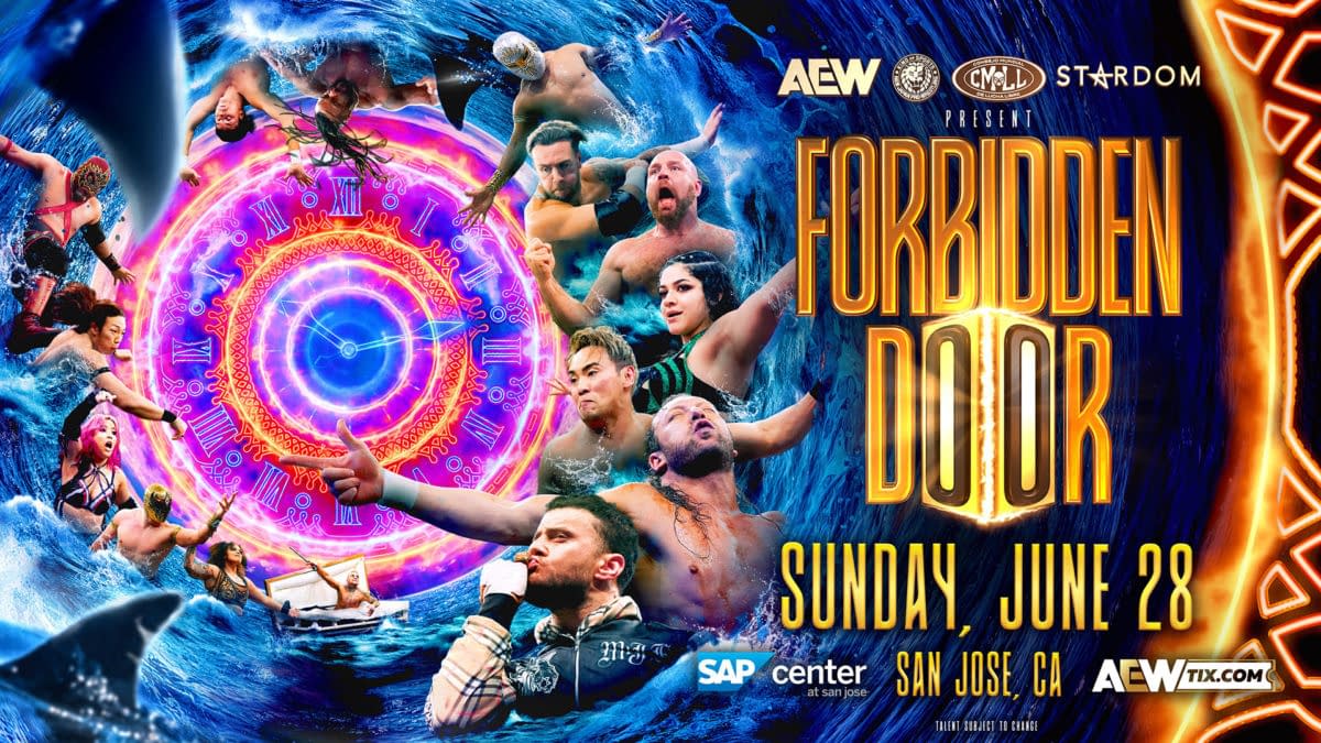 Promotional poster for AEW Forbidden Door 2026 featuring wrestlers from AEW, NJPW, Stardom, and CMLL swirling around a glowing clock design. The event is set for Sunday, June 28 in San Jose, California.