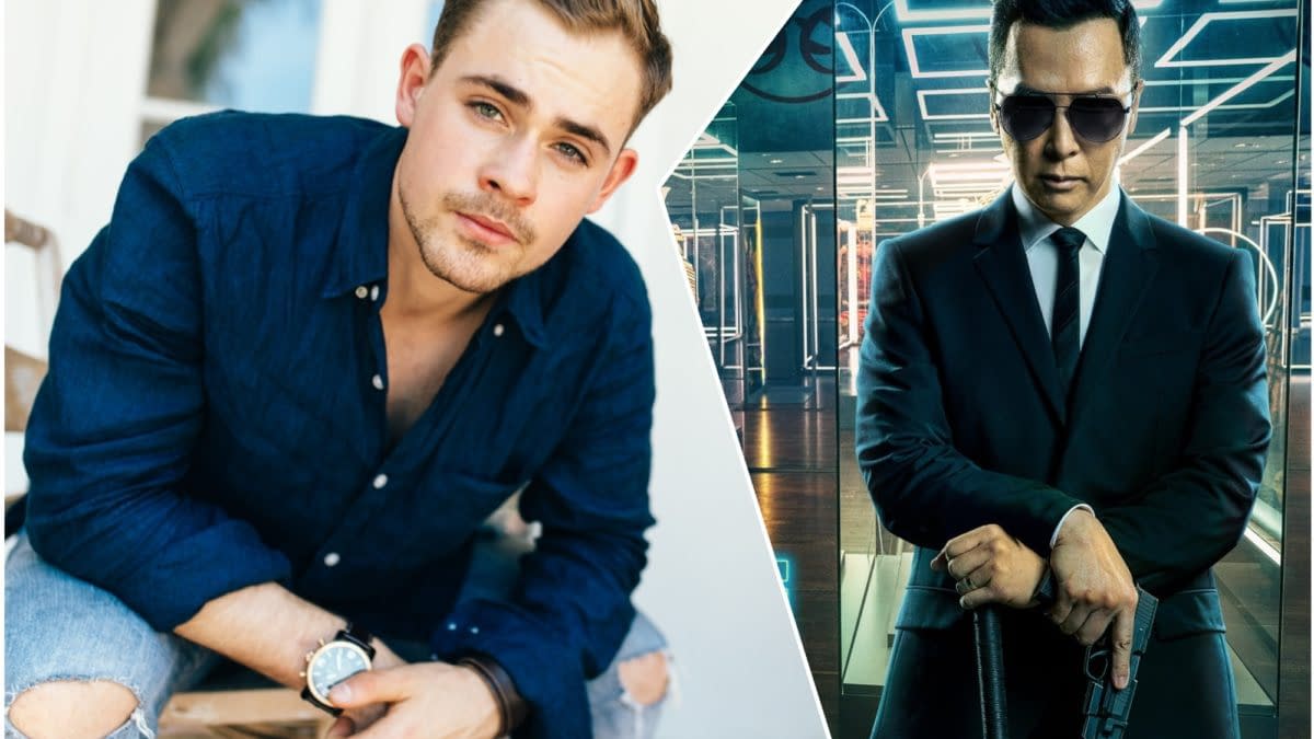 Split-screen feature image of Dacre Montgomery: a casual portrait on the left and a suited, sunglasses-wearing action character on the right.