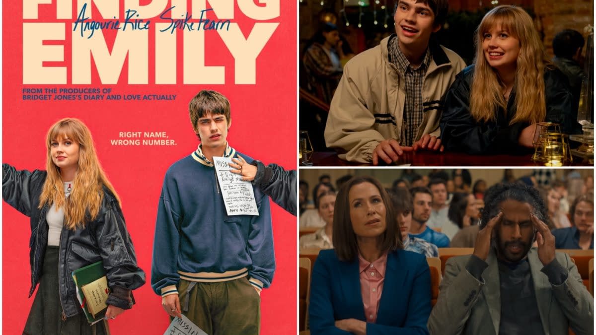 Promotional collage for the film Finding Emily featuring the title card and scenes of young characters in a bar and adults in an auditorium.