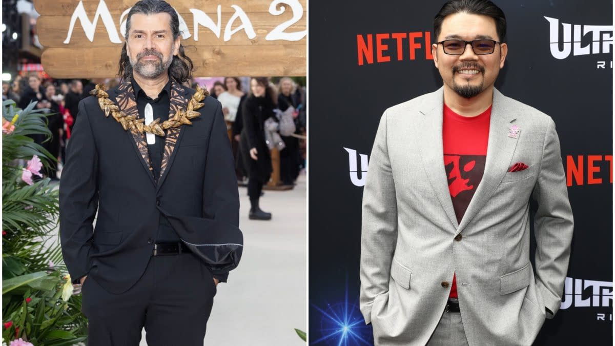 Side-by-side publicity photos of two filmmakers at premiere events, one in front of a Moana 2 backdrop and one in front of a Netflix Ultraman: Rising backdrop.