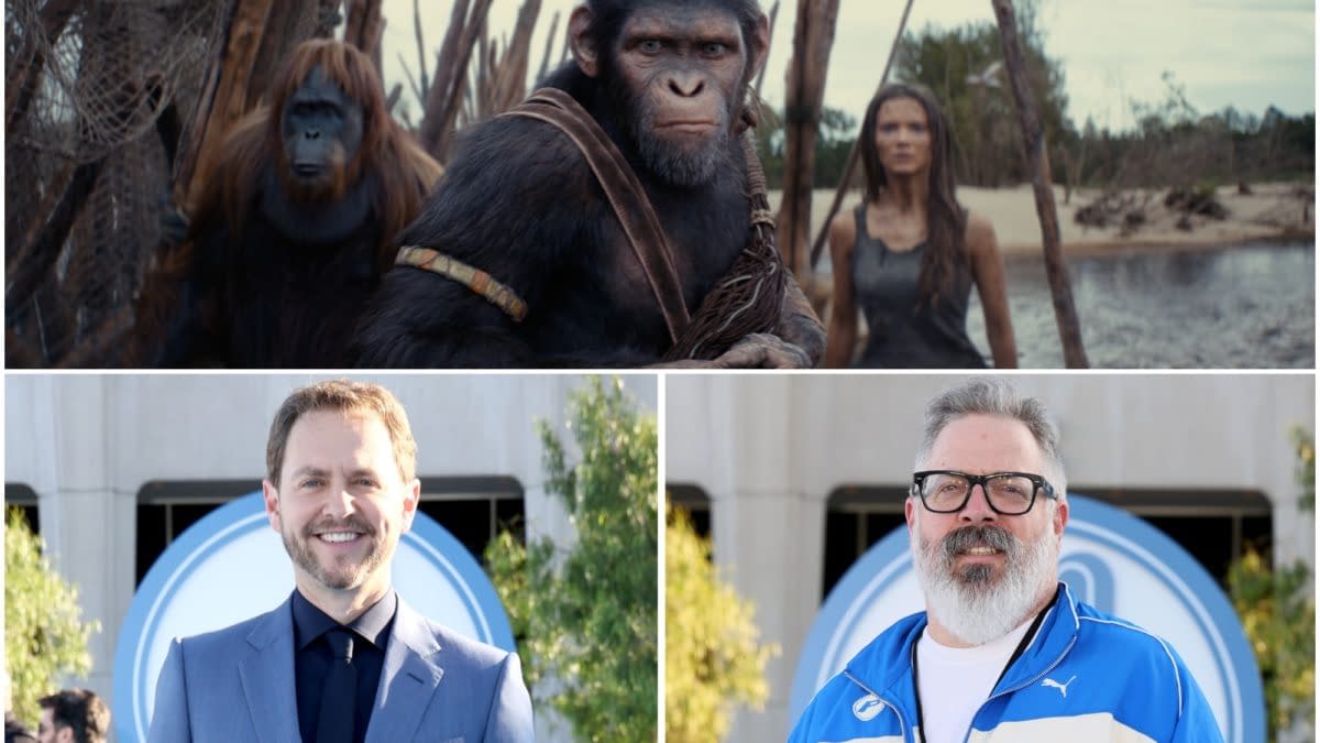 Promotional collage for a Planet of the Apes feature, with three ape characters in a dramatic shoreline scene above two smiling men at a public event below.