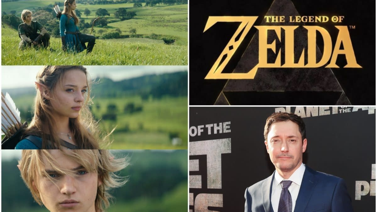 Collage featuring The Legend of Zelda logo, Link and Zelda in a grassy landscape, and actor images from the film adaptation.