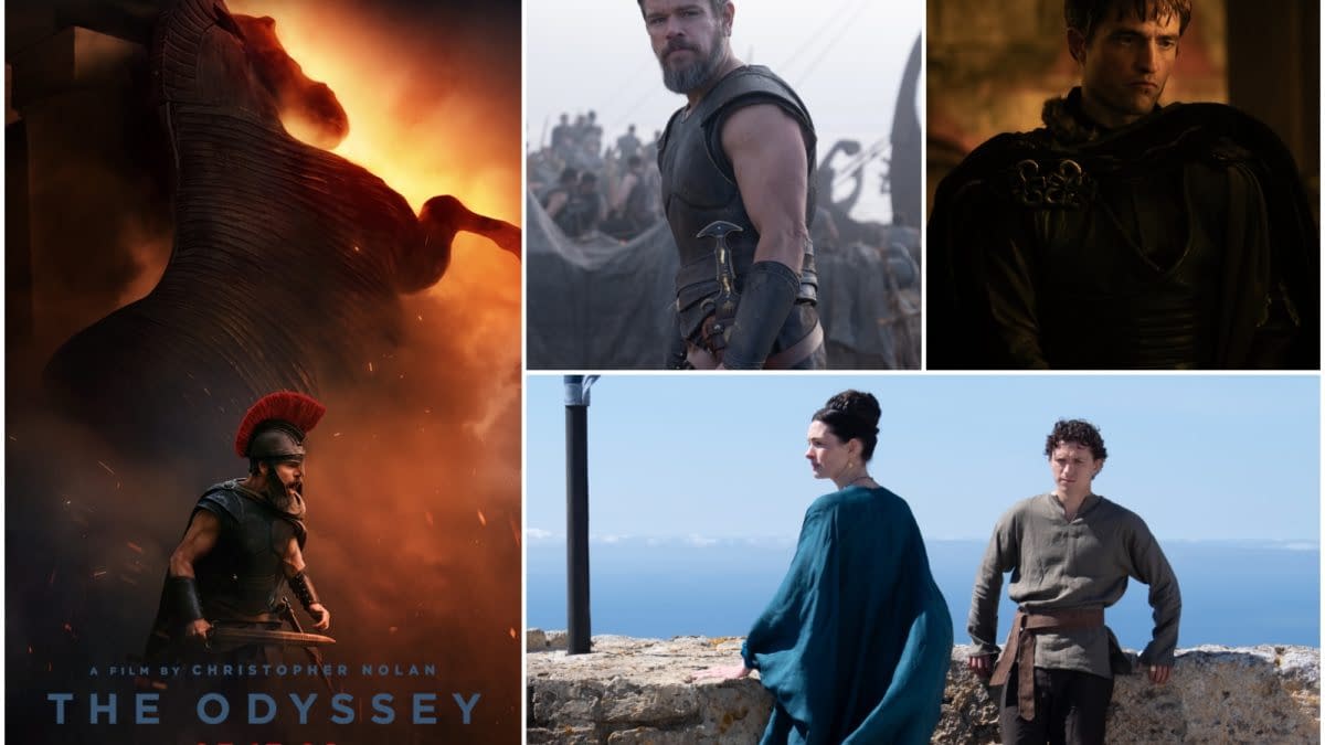 Promotional collage for The Odyssey showing epic ancient-Greece scenes and characters, including a dramatic fiery poster with a warrior, close-ups of armored men, and two figures on a seaside cliff.