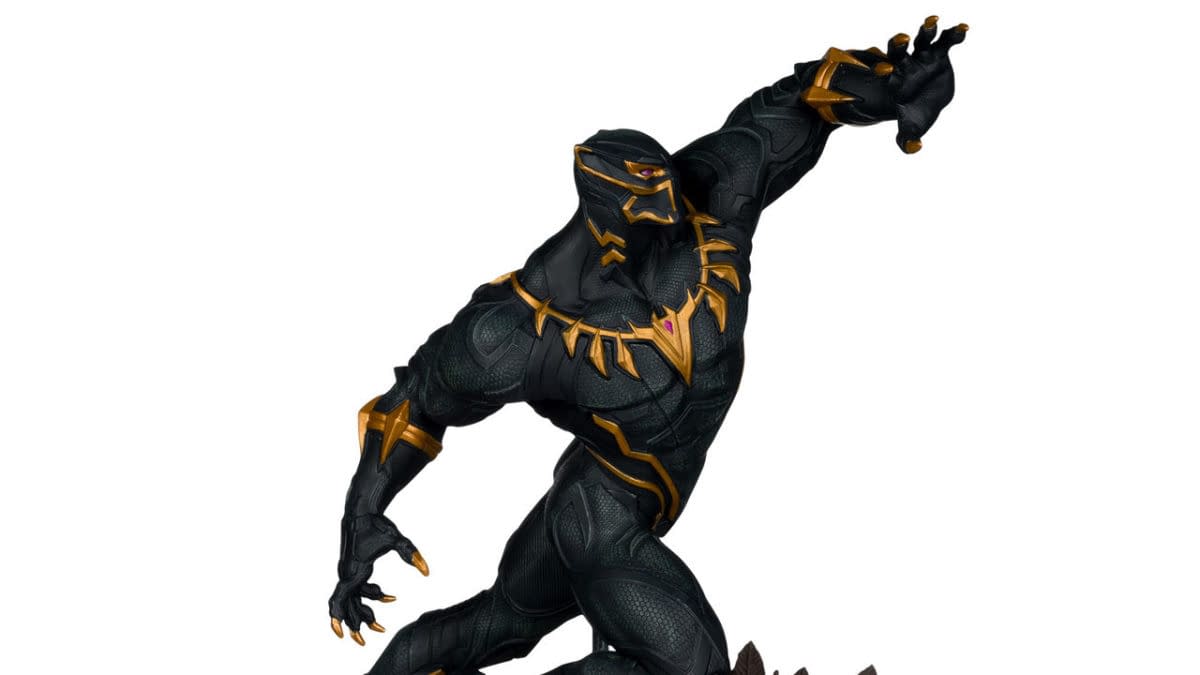 Black Panther Marvel Rivals statue in a dynamic action pose, shown in black armor with gold accents against a white background.