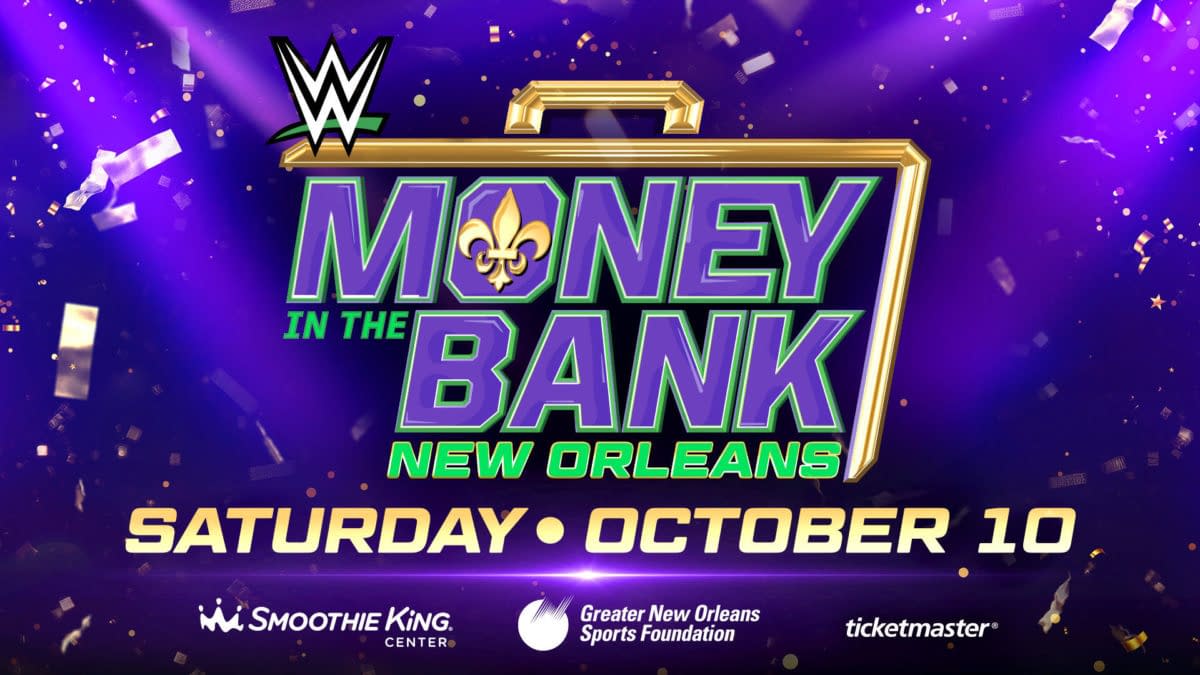 WWE Money in the Bank logo on a purple confetti background, promoting the event in New Orleans on Saturday, October 10.