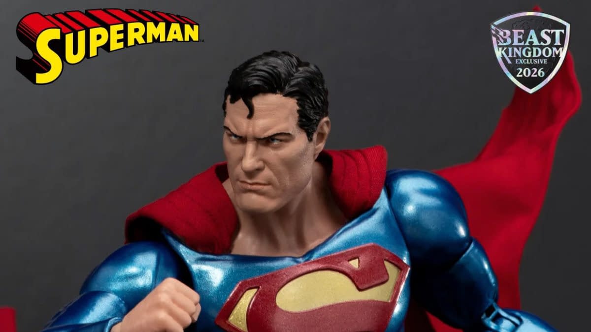 Superman collectible figure in a dramatic pose, wearing a blue suit with a red cape and a Beast Kingdom Exclusive 2026 badge in the corner.