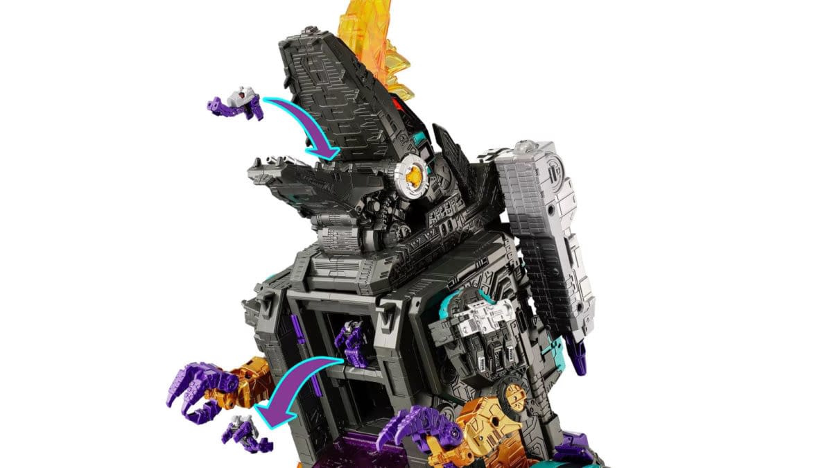 Transformers New Legends Gigastorm figure shown in a close-up, with a black and gray mechanical body, purple and gold clawed parts, and an orange translucent piece at the top. Curved arrows indicate a transformation or attachment step.