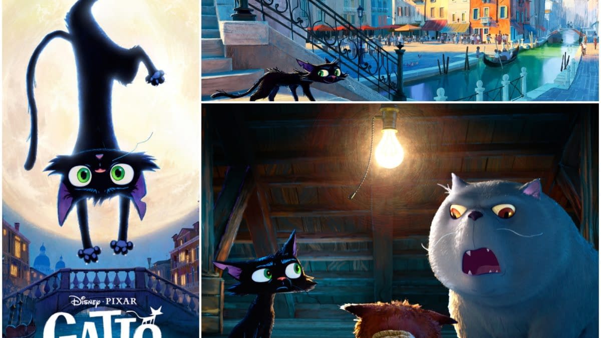 Collage of Gatto teaser art featuring a black cat, colorful Venice-style canals, and a tense scene with a large white cat in a wooden interior.