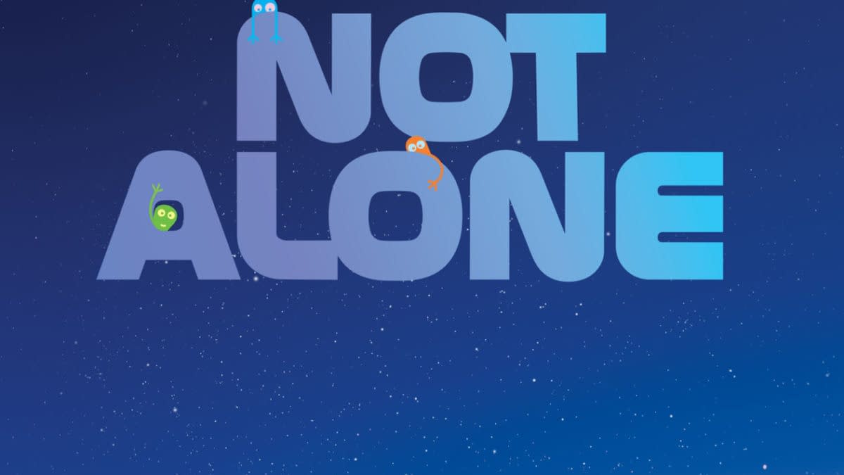Movie poster for Illumination’s Not Alone, featuring a starry night sky, the names Timothée Chalamet and Selena Gomez, and a small pair of figures standing on a hill at sunset. Release text says in theaters April 2027.