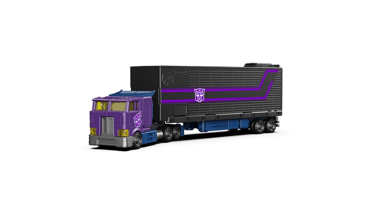 Blokees Transformers Shattered Glass Optimus Prime kit shown in truck mode, featuring a purple cab and black trailer with purple Decepticon markings.