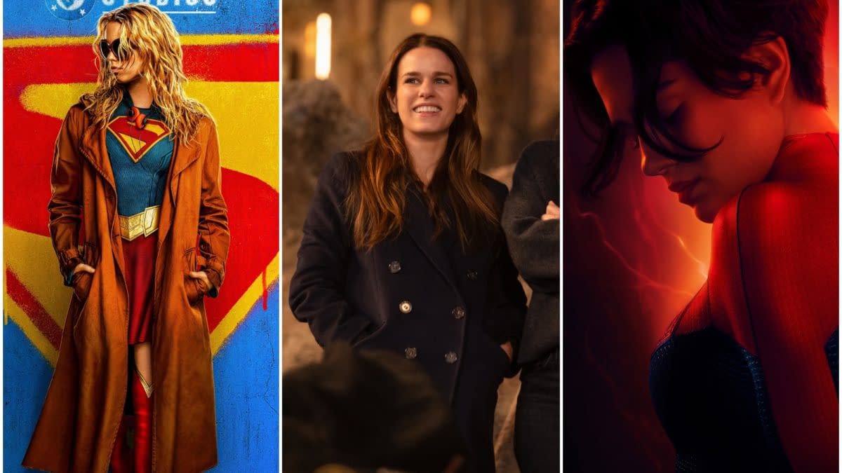 Three-panel Supergirl feature image showing the heroine in costume, a smiling woman in a dark coat, and a dramatic red-lit close-up of Supergirl.