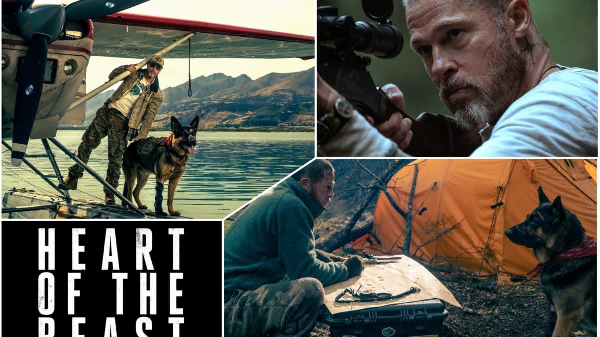 Collage-style feature image for Heart of the Beast showing a rugged man and his German shepherd beside a floatplane, a close-up of him aiming a rifle, and a campsite scene with an orange tent.