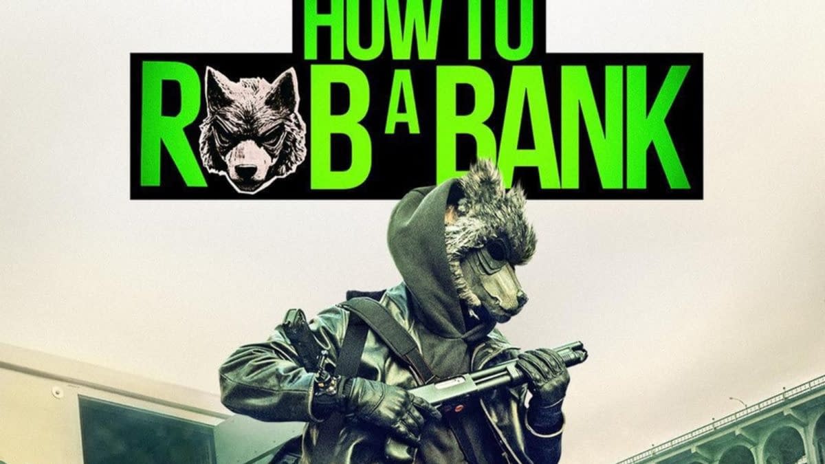 Movie poster for How to Rob a Bank featuring a hooded wolf-masked figure holding a shotgun, with bright green title text.