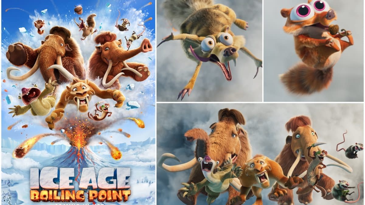 Promotional collage for Ice Age: Boiling Point showing Scrat and the Ice Age characters tumbling through an erupting volcanic blast. The poster includes the title and “Coming in hot” release text.