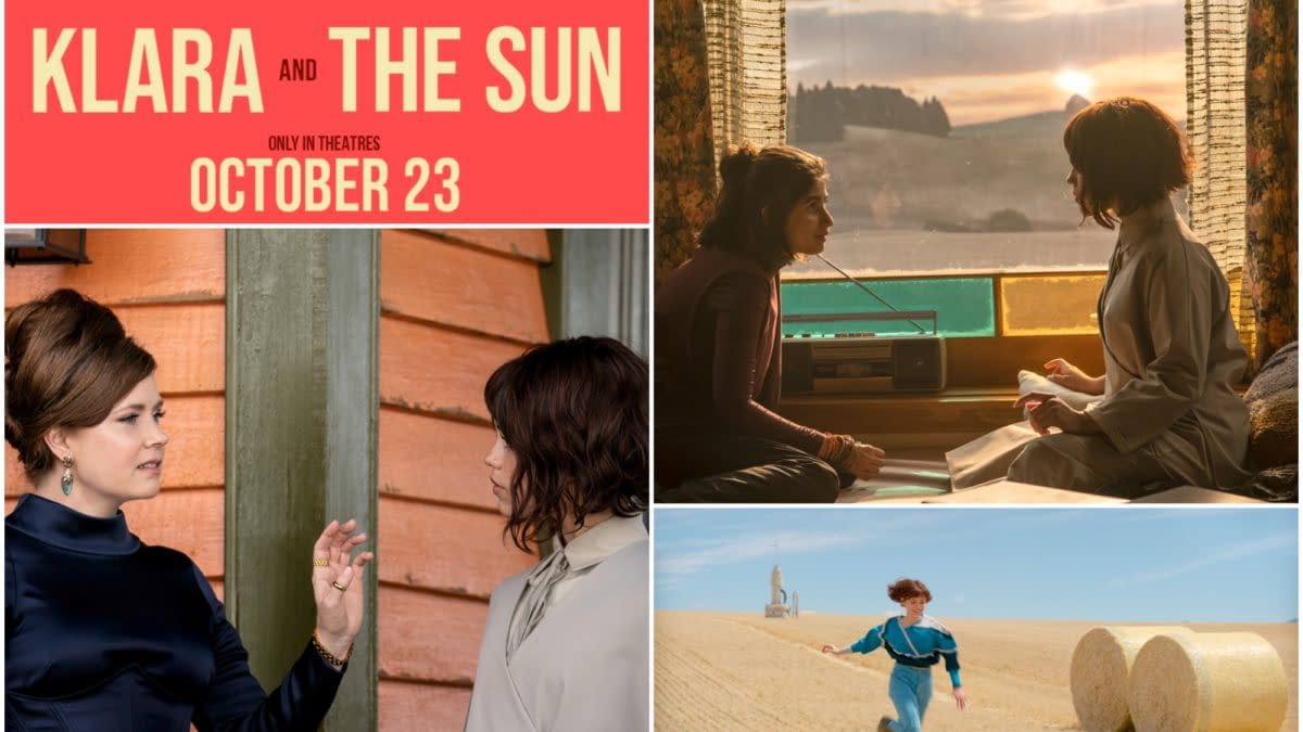 Collage for Klara and the Sun featuring Jenna Ortega, with a red title card, a close conversation between two women, and a girl running through a sunlit field.