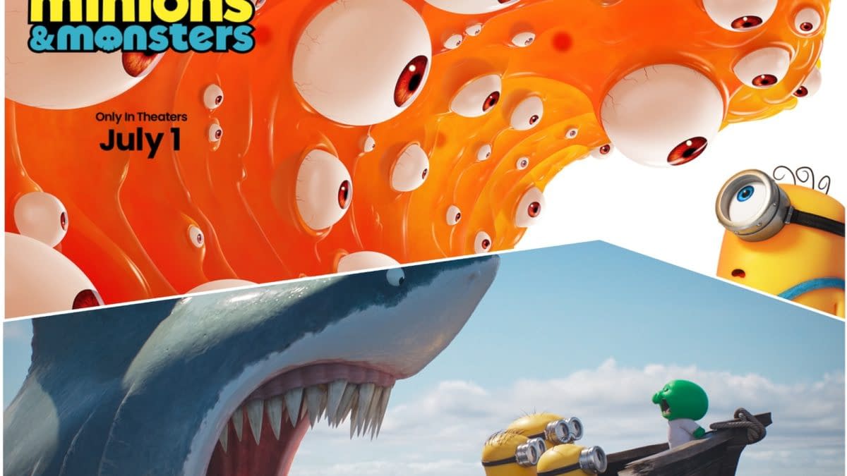 Illustrated Minions and Monsters poster showing a giant shark attacking a small boat with Minions and Goomi, with the title and July 1 release date.