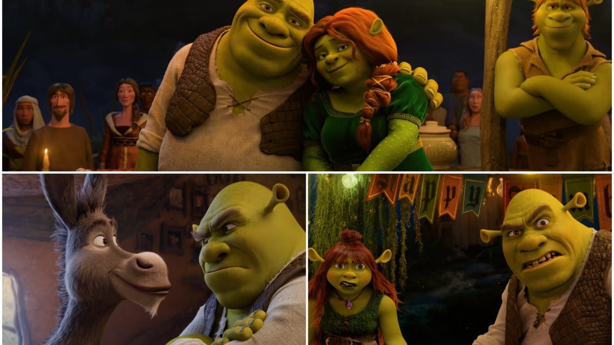Shrek 5 promotional collage showing Shrek and Fiona together, Donkey facing Shrek, and other ogres in a dimly lit fantasy setting.