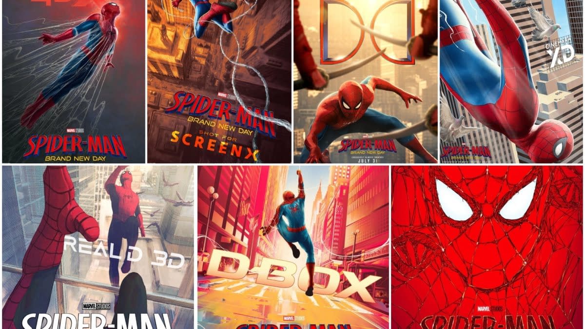 A collage of Spider-Man Brand New Day poster variants showing Spider-Man swinging through New York City, with bold Marvel branding and different premium-format logos like 4DX, ScreenX, Dolby Cinema, XD, RealD 3D, and D-Box.