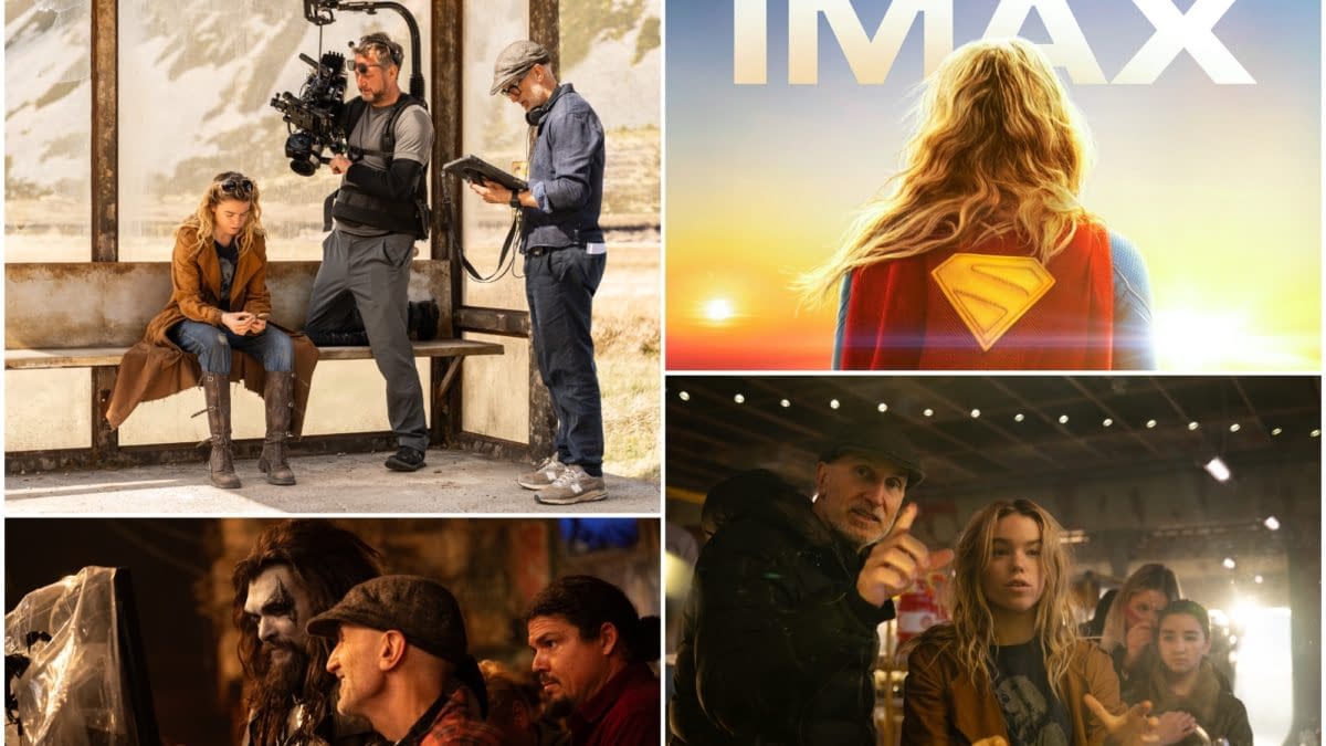 Collage of Supergirl behind-the-scenes photos, including the actress on set with the crew and an IMAX promotional shot of Supergirl seen from behind at sunset.