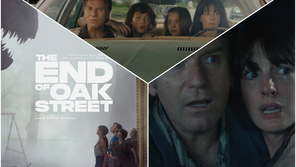 Collage-style feature image for The End of Oak Street showing a family in a car, a foggy suburban scene with the title, and a tense close-up of two worried faces.