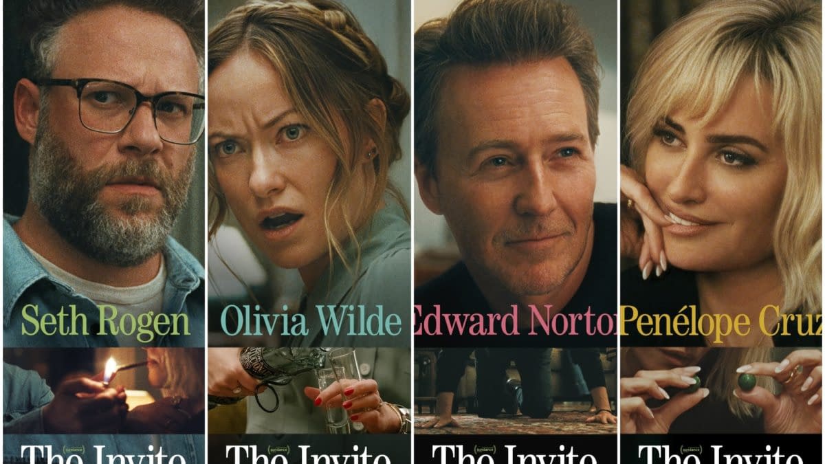 Four character posters for the movie The Invite, featuring Seth Rogen, Olivia Wilde, Edward Norton, and Penélope Cruz, with the tagline “This summer, everything is on the table.”