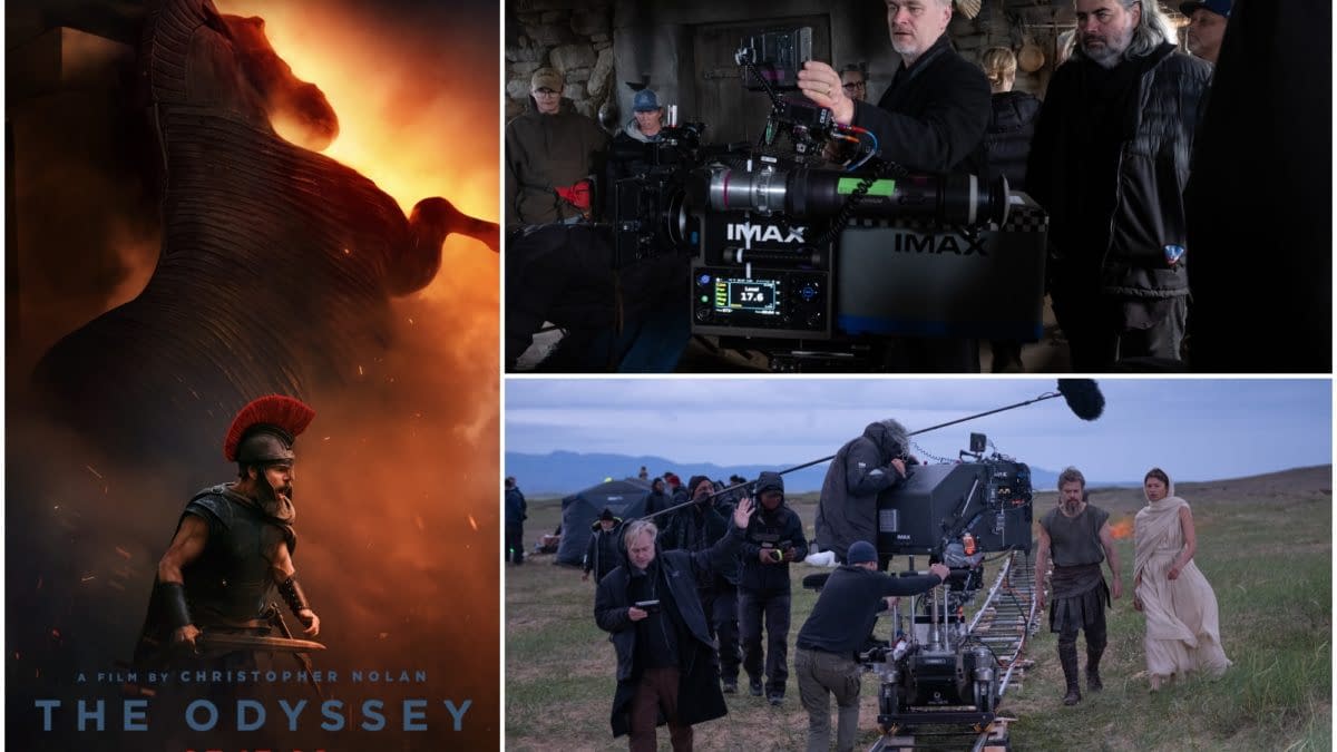 A The Odyssey feature collage shows the movie poster alongside behind-the-scenes shots of Christopher Nolan filming with an IMAX camera and cast on a set.}