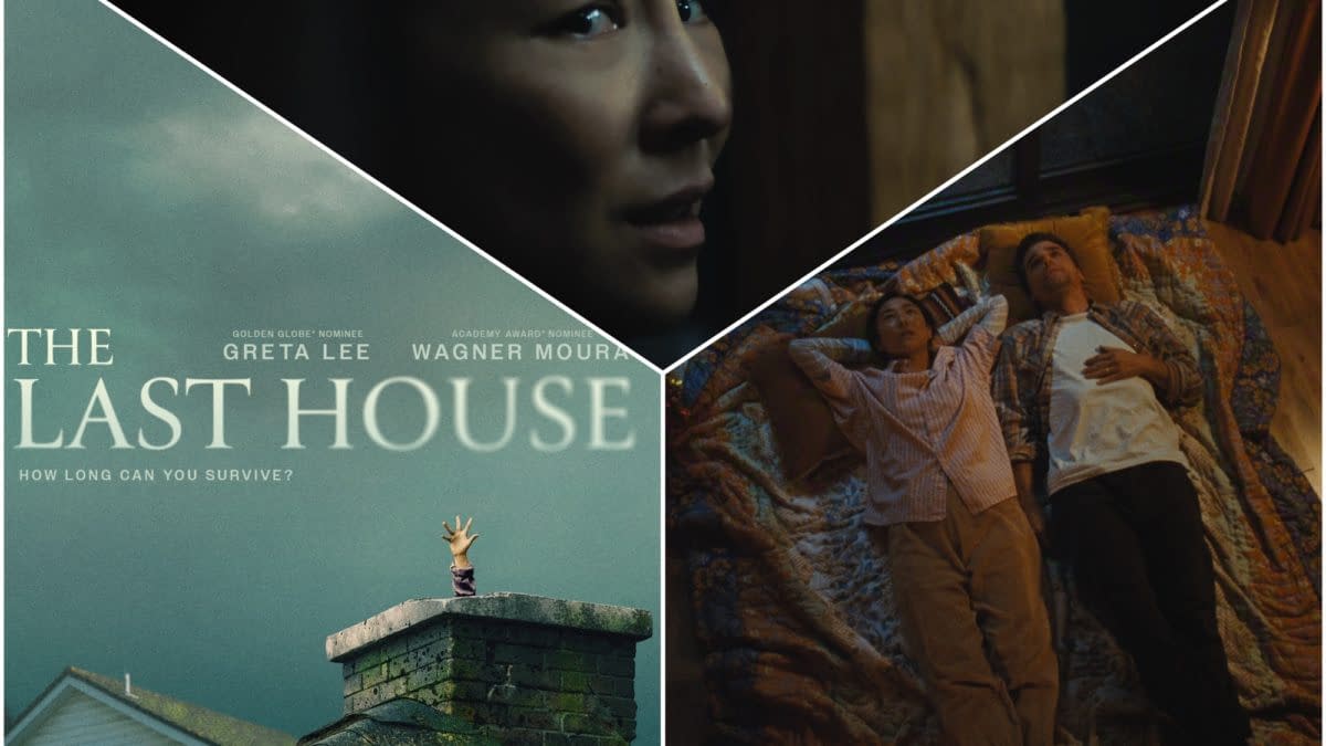 Collage-style feature image for The Last House, showing a tense close-up of a man, the film title over a rooftop scene with a raised hand, and a couple lying on a bed.