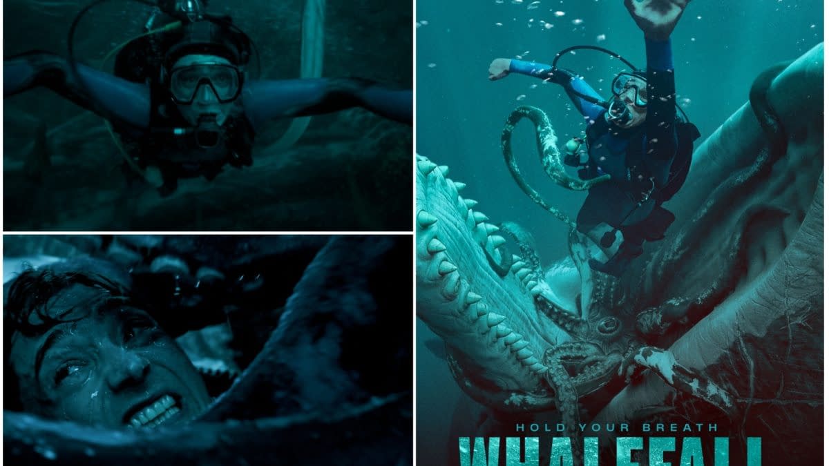 Promotional poster for Whalefall showing a scuba diver trapped underwater with a giant whale in a tense, dark blue collage.