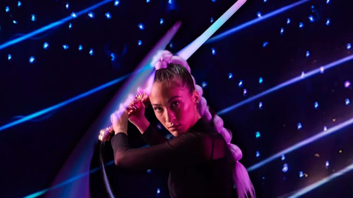 A KPop Demon Hunters character with a long braided ponytail holds a glowing sword in a dramatic battle pose against a neon, starry background.