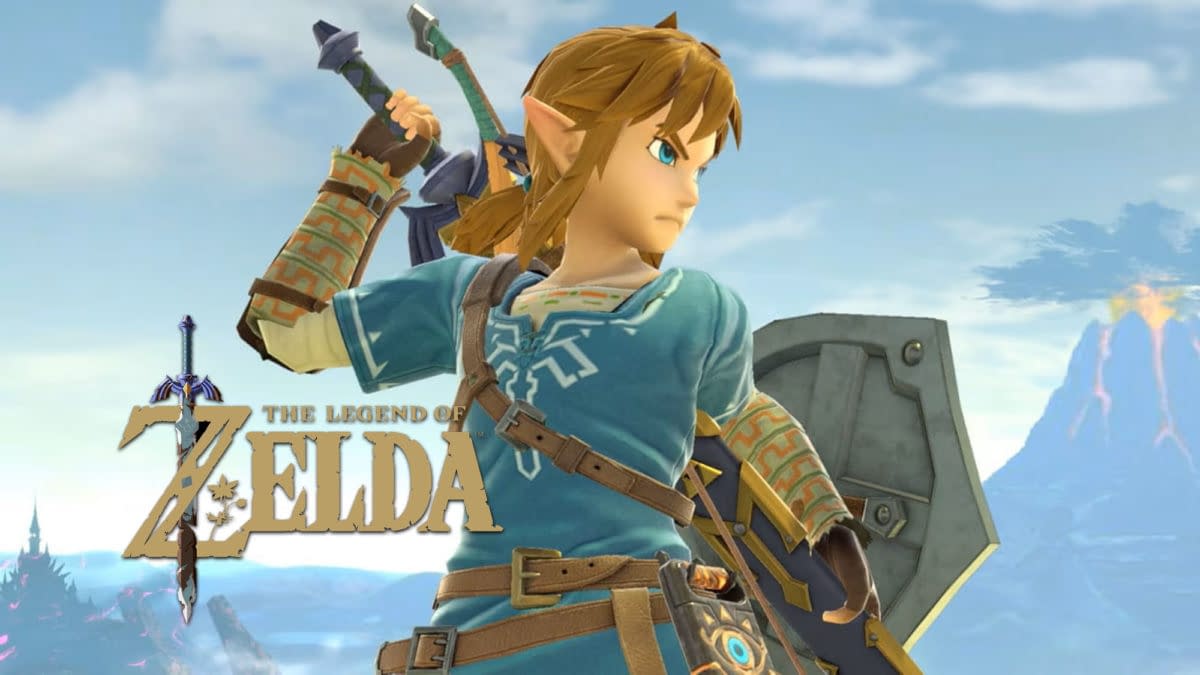 Link from The Legend of Zelda stands ready with sword and shield against a bright sky. The game logo appears in the lower left.