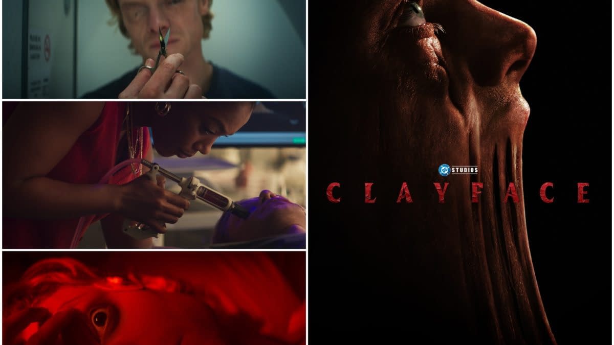 Promotional Clayface trailer collage showing a scientist and a tense medical experiment, alongside a close-up of Clayface’s distorted profile with the DC Studios logo.