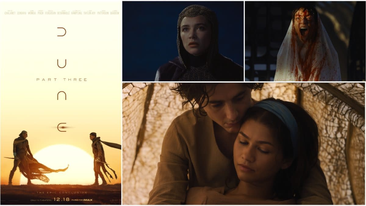 Collage of Dune: Part Three featuring the teaser poster and film stills of characters in desert and dramatic close-up scenes.