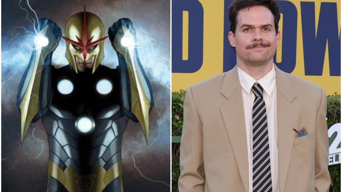 Split promotional image featuring comic character Nova on the left and Michael Waldron at a red carpet event on the right.