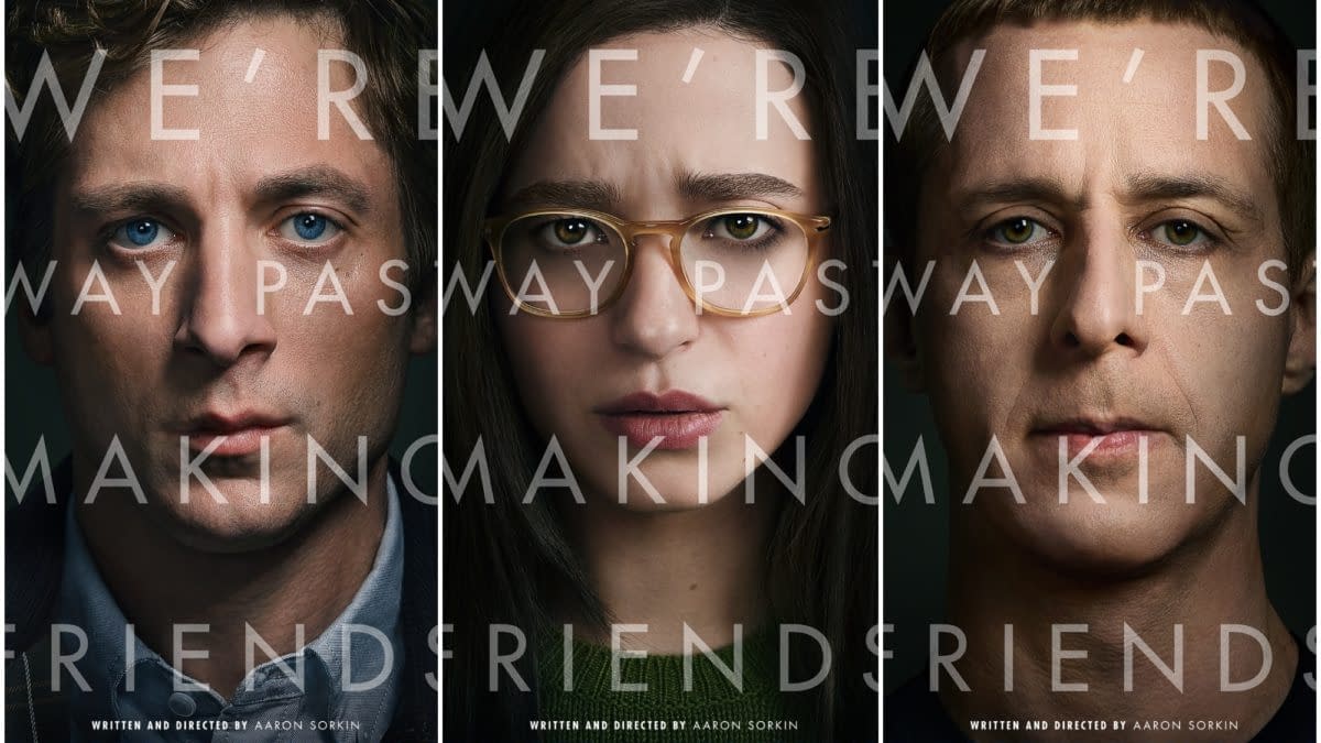 Three-part movie poster for The Social Reckoning featuring close-up portraits of Mikey Madison, Jeremy Allen White, and Jeremy Strong with the words “We’re Making Friends” across their faces.