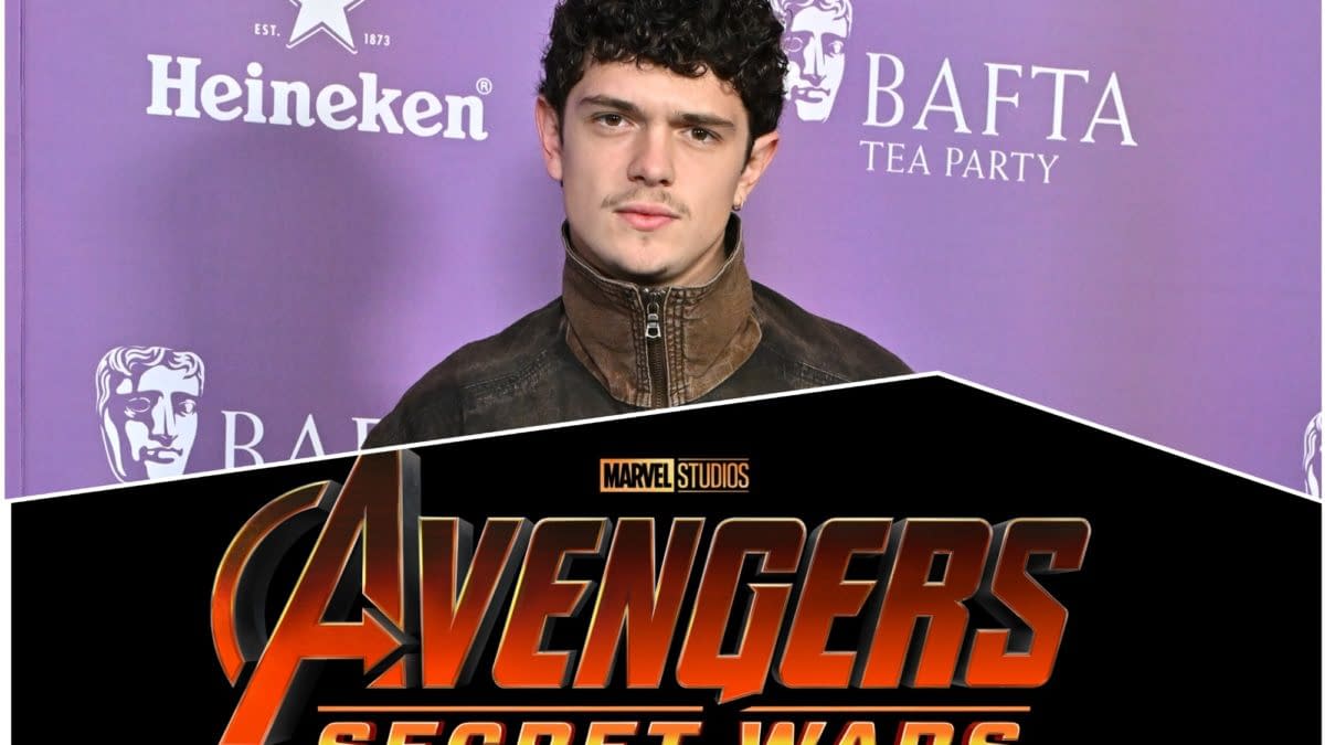 Noah Jupe at a BAFTA Tea Party event, overlaid with the Marvel Studios Avengers: Secret Wars logo.