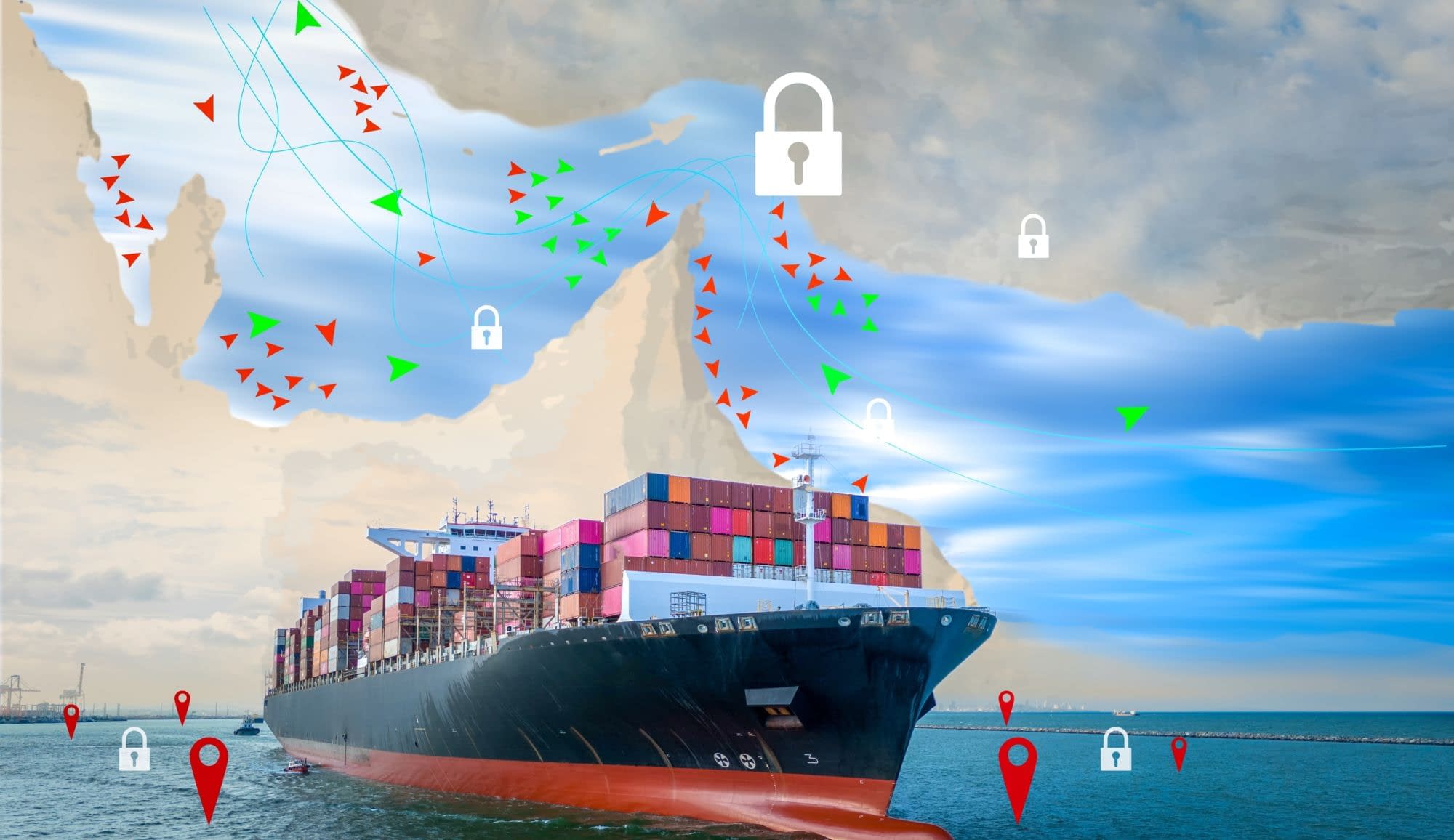 A large container ship with colorful cargo is depicted in a maritime scene, featuring graphics of locks and arrows indicating blocked shipping routes. The background suggests a geopolitical crisis affecting global trade.