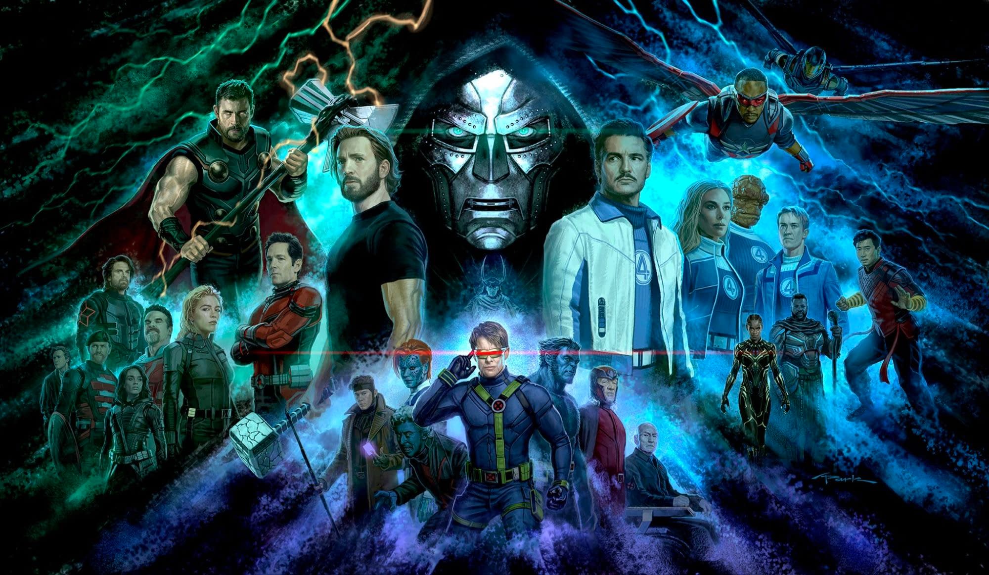 Marvel-style key art for Avengers: Doomsday featuring Doctor Doom at the center, surrounded by Thor, Captain America, the Fantastic Four, X-Men, and other heroes in a blue-green cosmic storm.